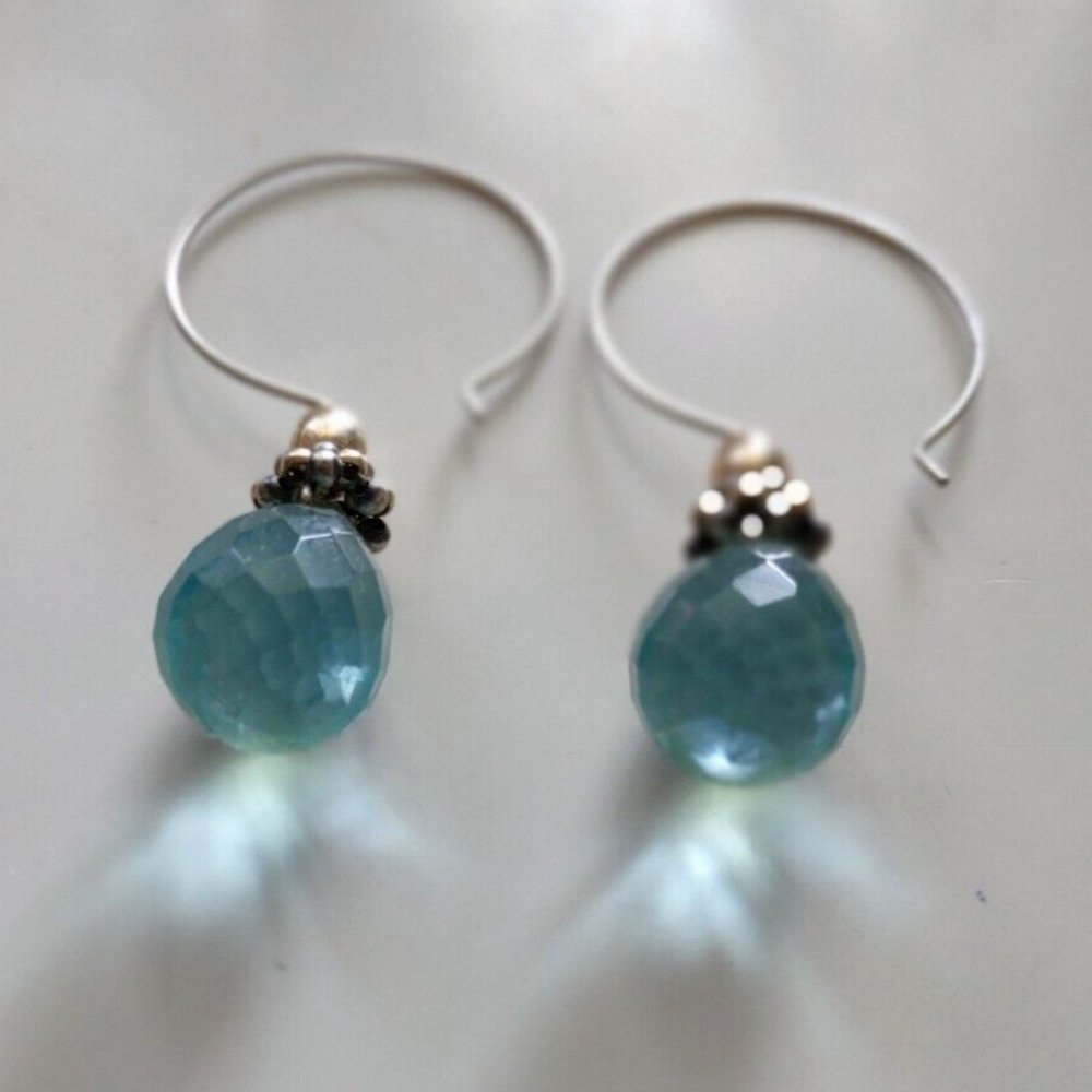 Teardrop Cut Aqua Glass Silver Hoop Dangle Earrings Approximately 2" tall - Picture 3 of 7